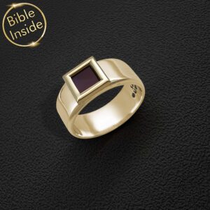 Ring Bound Bible Gold Band With Square Bible Chip Inlay for Faith Expression by Nano Jewelry
